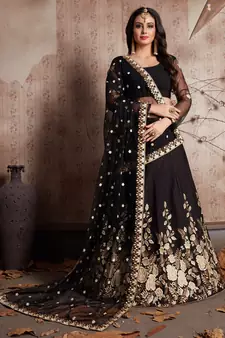  BLACK  DORI SEQUINS & ZARI EMBROIDERED CREPE FESTIVE BRIDAL WEDDING & PARTY WEAR SEMI STITCHED LEHENGA CHOLI