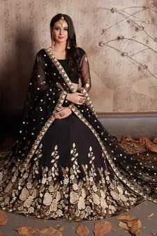  BLACK  DORI SEQUINS & ZARI EMBROIDERED CREPE FESTIVE BRIDAL WEDDING & PARTY WEAR SEMI STITCHED LEHENGA CHOLI