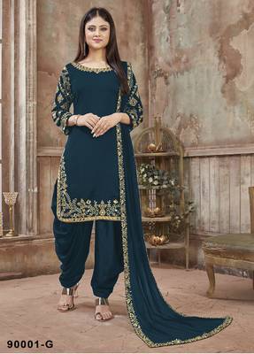 Teal Embroidered Faux Georgette Punjabi Salwar Suit 1