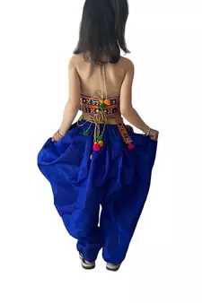 girls blue satin dhoti set with embroidered aari work