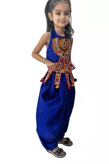 girls blue satin dhoti set with embroidered aari work
