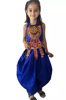 girls blue satin dhoti set with embroidered aari work