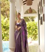 Kalki Koechlin Purple Handloom Traditional Wear Banarasi Style Designer Saree With Blouse