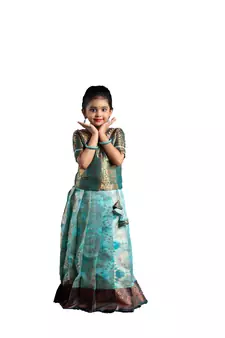 Shivangi Girls Sky Blue Copper Yentra Pattu Pavadai | Langa