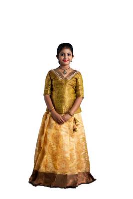 girls golden silk blend pavadai set with solid work design 1
