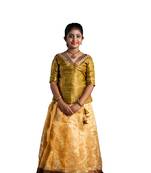 girls golden silk blend pavadai set with solid work design