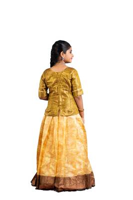 girls golden silk blend pavadai set with solid work design 2