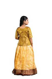 girls golden silk blend pavadai set with solid work design
