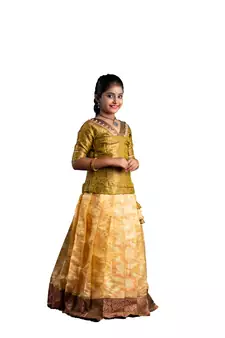 girls golden silk blend pavadai set with solid work design