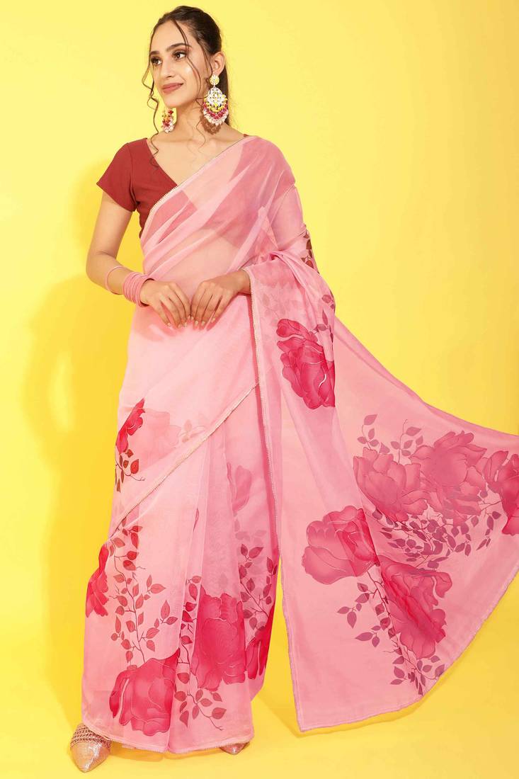 Rose woven organza saree with blouse