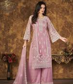 Pink Heavy Thread Embroidery Work Net unstitched Long Length Kameez Pant party wear salwarsuit
