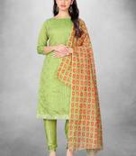 Green Digital Printed,Embroidery Work Chanderi unstitched Long Length Kameez Pant party wear salwarsuit