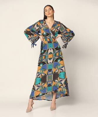 Blue Multi Wrap Up Dress Summer Pret Wear 1