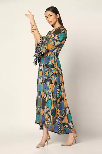 Blue Multi Wrap Up Dress Summer Pret Wear