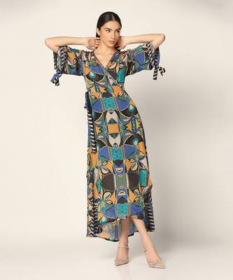 Blue Multi Wrap Up Dress Summer Pret Wear 3