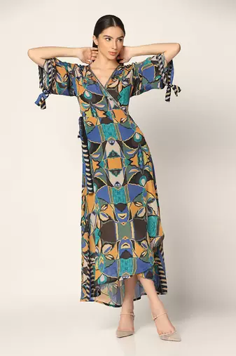Blue Multi Wrap Up Dress Summer Pret Wear