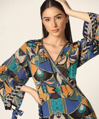 Blue Multi Wrap Up Dress Summer Pret Wear 4