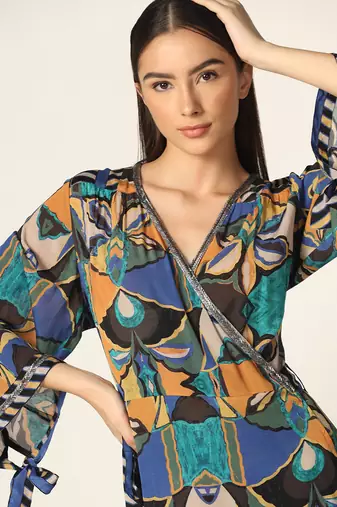 Blue Multi Wrap Up Dress Summer Pret Wear