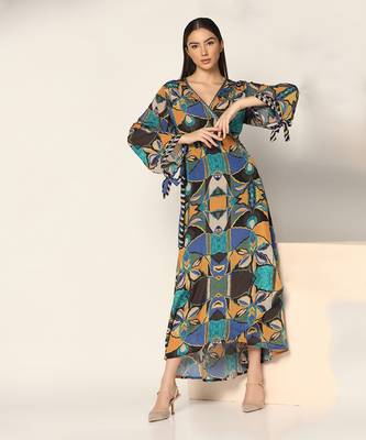 Blue Multi Wrap Up Dress Summer Pret Wear 5
