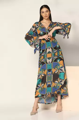Blue Multi Wrap Up Dress Summer Pret Wear