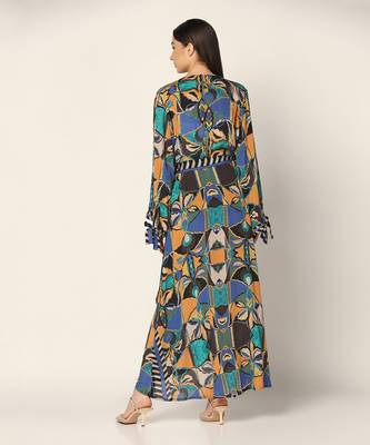 Blue Multi Wrap Up Dress Summer Pret Wear 6