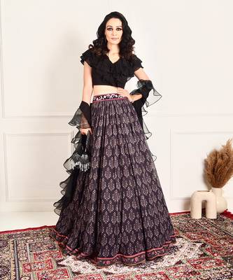 Imaara Black Ruffled Blouse And Printed Lehenga 1