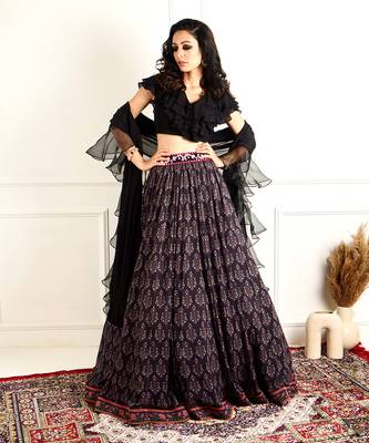 Imaara Black Ruffled Blouse And Printed Lehenga 2