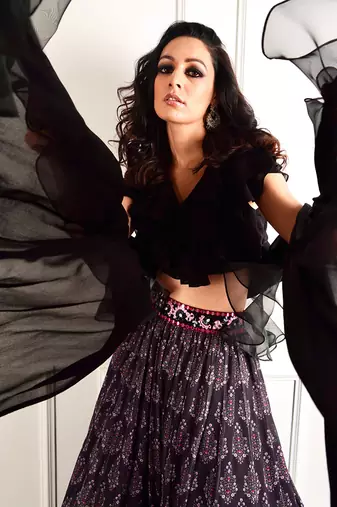 Imaara Black Ruffled Blouse And Printed Lehenga