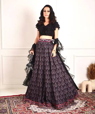 Imaara Black Ruffled Blouse And Printed Lehenga 4