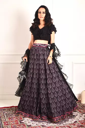 Imaara Black Ruffled Blouse And Printed Lehenga