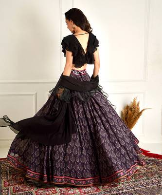 Imaara Black Ruffled Blouse And Printed Lehenga 5