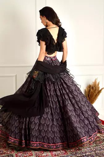 Imaara Black Ruffled Blouse And Printed Lehenga