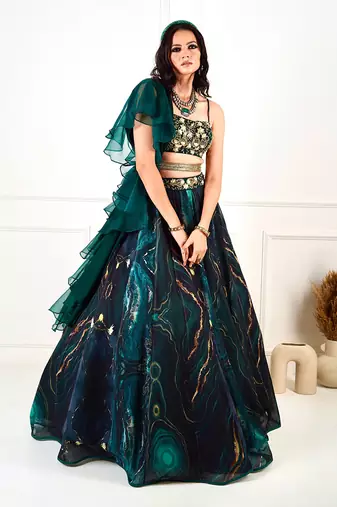 Meesha Green Marble Print Lehenga