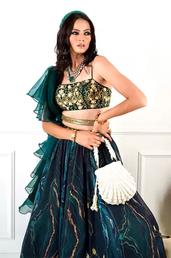 Meesha Green Marble Print Lehenga