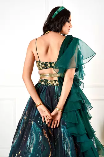 Meesha Green Marble Print Lehenga