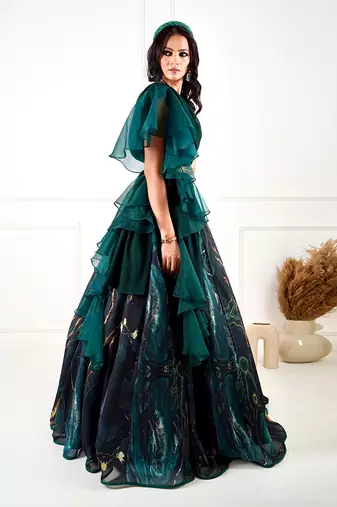 Meesha Green Marble Print Lehenga
