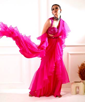 Rosie Pink Ruffle Saree 2