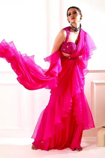 Rosie Pink Ruffle Saree