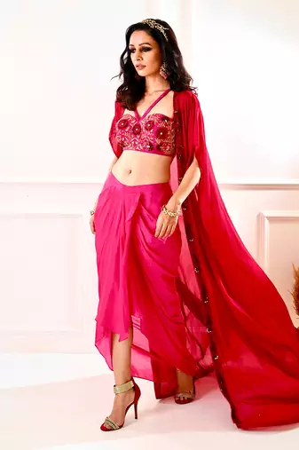 Shirin Maroon And Pink Drape Skirt And Cape