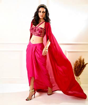 Shirin Maroon And Pink Drape Skirt And Cape 3