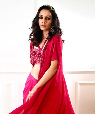 Shirin Maroon And Pink Drape Skirt And Cape 4