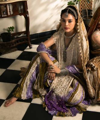 Ombre Kamdani Work Sheer Kurta With Mauve Bustier Mauve Silver And Green Flared Gota Palazzo And Crushed Dupatta. 1