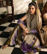 Ombre Kamdani Work Sheer Kurta With Mauve Bustier Mauve Silver And Green Flared Gota Palazzo And Crushed Dupatta.