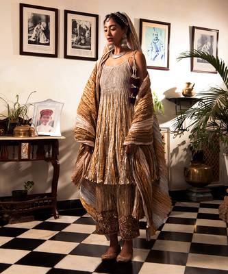 Gota Flared Kurti In Shades Of Silver Gold And Bronze Palazzo Pant 2