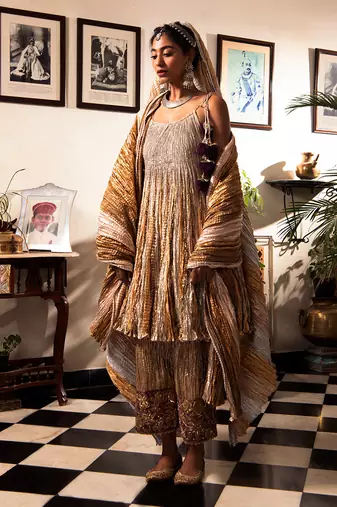 Gota Flared Kurti In Shades Of Silver Gold And Bronze Palazzo Pant