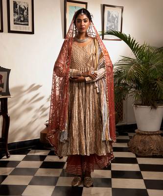 Gold And Rose Gold Angarakha Gota Kurta Frilled Organza Pants With Gota Work Border 1