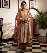 Gold And Rose Gold Angarakha Gota Kurta Frilled Organza Pants With Gota Work Border