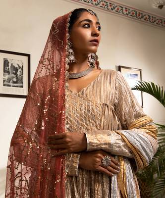 Gold And Rose Gold Angarakha Gota Kurta Frilled Organza Pants With Gota Work Border 2