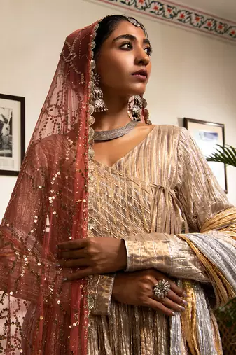 Gold And Rose Gold Angarakha Gota Kurta Frilled Organza Pants With Gota Work Border