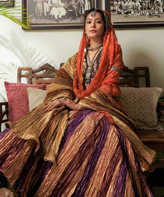 Pink Gold Maroon And Purple Textured Gota Lehenga Velvet Zardozi Sequined Blouse And Organza Gold Checkered Dupatta. 1